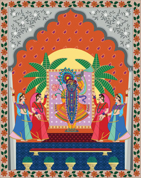 Shrinathji, Jagannath, or Lord Krishna with cows, in Indian folk painting Pichwai style	