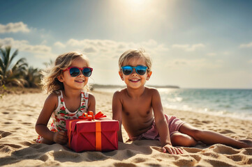 Christmas - Smiling Children Wearing Sunglasses on the Beach, Christmas tree and gifts in the background