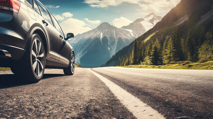 Tires on the asphalt road, Low angle side view of car. - safety road trip concept. - obrazy, fototapety, plakaty