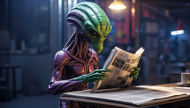 An alien reading a newspaper.