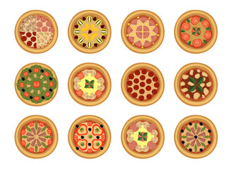 Pizza set pepperoni Hawaiian fruit margarita caesar Neapolitan meat with mushrooms on white background