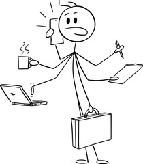 Businessman Multitasking With Many Hand, Vector Cartoon Stick Figure Illustration