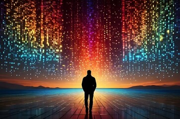 man entering or walking into future digital world, businessman on binary code background, digital world concept