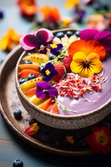 Obraz na płótnie Canvas A delicious blend of fresh fruits and edible blooms in colorful smoothie bowl