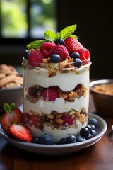 A glass filled with yogurt, granola, berries and nuts