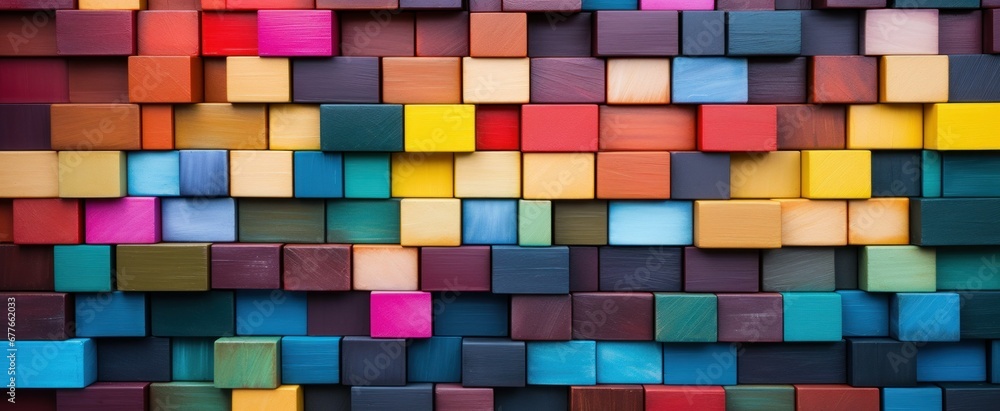 Poster many color wooden blocks patterns background. mosaic colored abstract geometric web banner. wood art