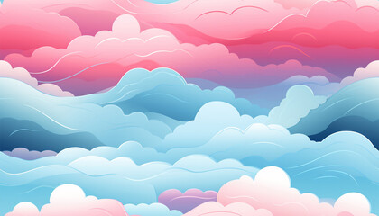 Fototapeta na wymiar Cute colorful pastel clouds seamless pattern background. Rainbow unicorn background with clouds and stars. Pastel color sky. Magical landscape, abstract fabulous pattern. Cute candy wallpaper.