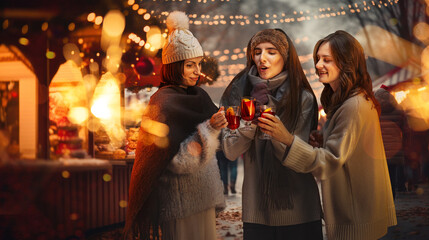 Stylish, beautiful happy young women, friends visiting evening winter fair, drinking mulled wine and celebrating holidays. Concept of winter holidays, Christmas, traditions, outdoor fair, happiness