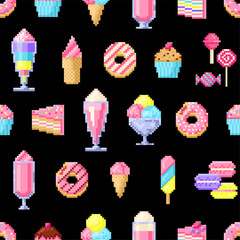 Pixel art seamless pattern of sweet food. Donut, ice cream, muffins, smoothies, and candies in style of eight-bit game. Seamless pattern.Texture for fabric, wrapping, wallpaper - 677662283