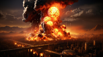 Terrifying nuclear explosion as result of staff error at secret military base in mountains - obrazy, fototapety, plakaty