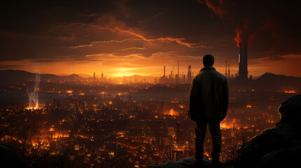 Fototapeta premium A man observing the sunset with an oil industry pipe in the background, characterized by industrial brutalism, hazy ambiance, composed structure, and spatial context.