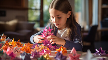 A little girl making colorful origami figures out of paper - obrazy, fototapety, plakaty