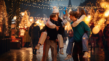 Happy couples, friends having fun on outdoor Christmas fair, walking, enjoying cozy evening,...