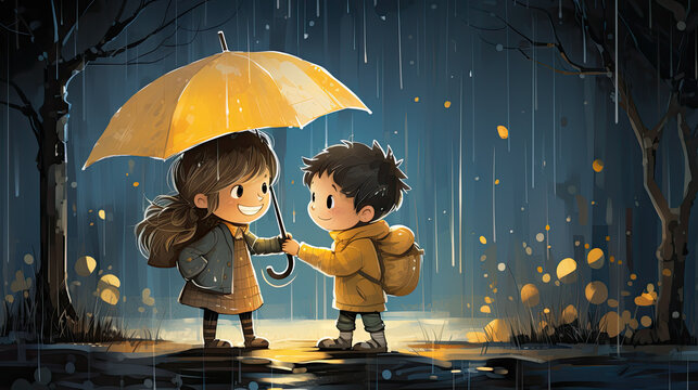 Creative Illustration of Two Children Outside Under a Yellow Umbrella