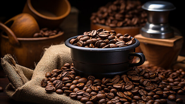 coffee beans and cup HD 8K wallpaper Stock Photographic Image 