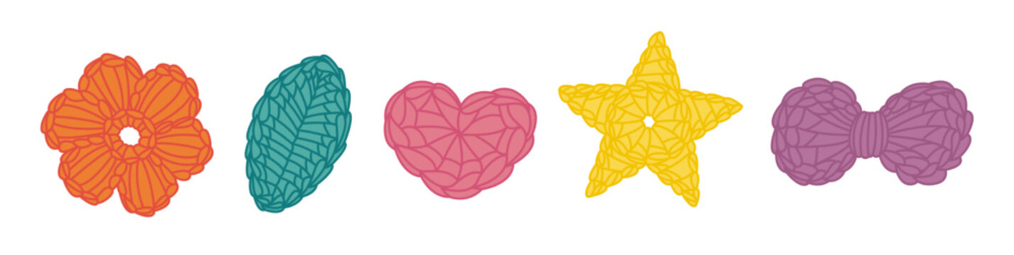 Various crochet shapes set. Crocheting hobby objects. Flat style vector illustration