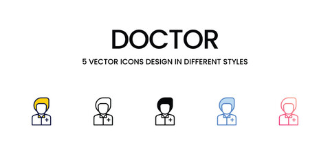 Doctor Icon Design in Five style with Editable Stroke. Line, Solid, Flat Line, Duo Tone Color, and Color Gradient Line. Suitable for Web Page, Mobile App, UI, UX and GUI design.