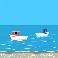 Illustration of fishing boats at the seaside. Vessels are brightly coloured on a calm sea with gentle ripples and waves. The beautiful colours of the boats are reflected in the water. Coastal scene.