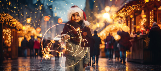 Happy little girl attending Christmas outdoor fair, standing with lights, celebrating holidays and...