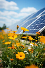 Flowers and solar panels captured in a flower field scene.