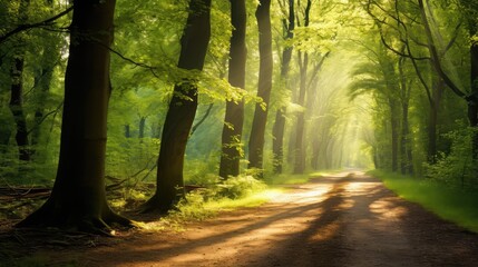ry forest scene sunny woodland illustration tree path, light green, sun environment ry forest scene sunny woodland