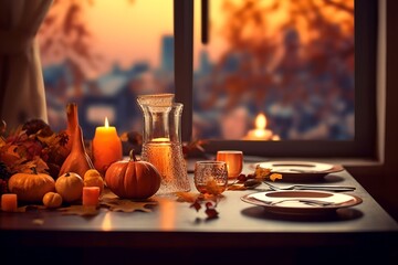 Cozy autumn window with hot tea and candles.