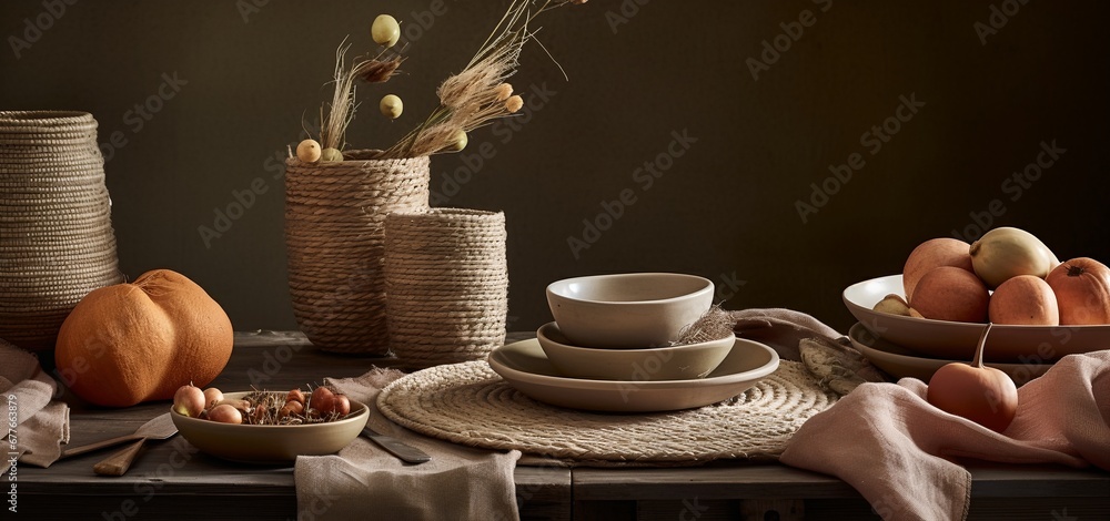 Poster minimalistic table setting with clay plates, rustic table.