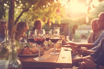 Wine glasses on elegant outdoor table setting. - obrazy, fototapety, plakaty