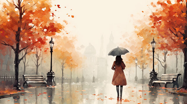 Illustration of a woman under an umbrella in autumn