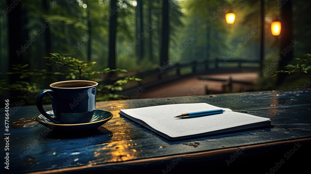 Poster a notebook and a cup of coffee stand on a wooden background in the rain. in the background you can s