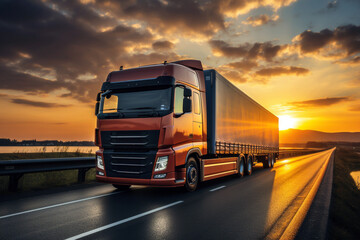 Fototapeta na wymiar Truck on the road with sunset sky background. Concept of transportation and logistics