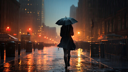 Bach view of a woman with an umbrella walking on a wet street of a big city in the evening - obrazy, fototapety, plakaty