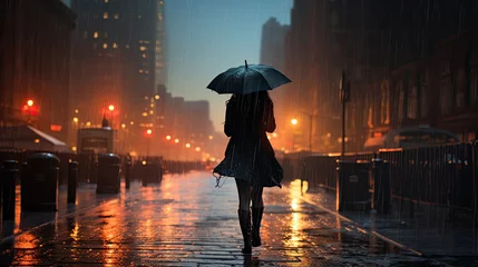 Fotobehang Bach view of a woman with an umbrella walking on a wet street of a big city in the evening © jr-art