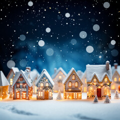Miniature houses adorned with Christmas lights in a snowy scene, orange and azure hues.