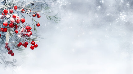 Abstract Christmas snowy background with frosty bright red holly berries, light blue winter background with copy space. - obrazy, fototapety, plakaty