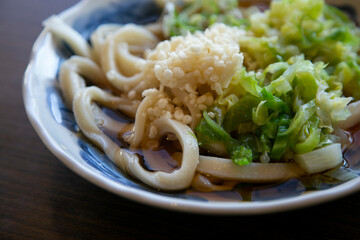 Cold Udon noodle dish served with miso sauce in Fujiyoshida city in Japan.