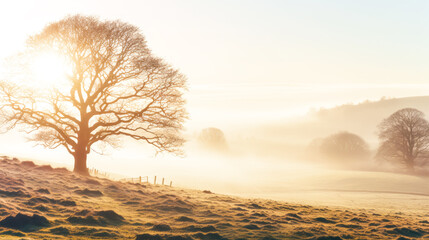 Solitary tree bathes in the dawn's golden glow, amidst beautiful misty meadows, symbolizing eco-tourism and natural restoration—ideal for inspiring conservation themes. Wonderful landscape. Copy space