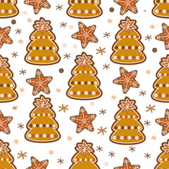 seamless pattern with gingerbreads christmass firtree and stars vector picture in scandinavian style