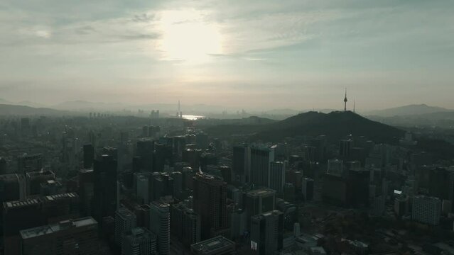 [Korea drone footage] Seoul, City, Jongro, Gyeongbokgung Palace, Autumn, Sunrise, 60fps