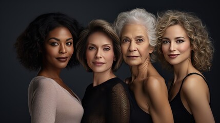 Close-up of a group of women's faces of different nationalities, beauty image of a group of women with different age,
