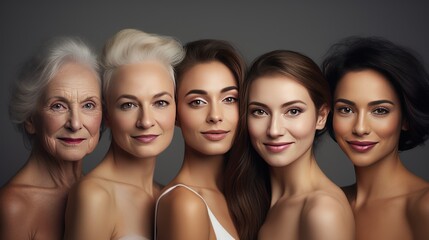Close-up of a group of women's faces of different nationalities, beauty image of a group of women with different age,
