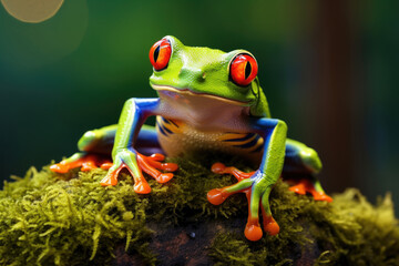 Colorful of red eye tree frog on the branches leaves of tree, close up scene, animal wildlife concept, habitat of frog background.