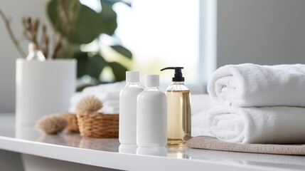 Fototapeta na wymiar Ceramic soap, shampoo bottles and white cotton towels on white counter table