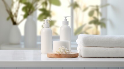 Obraz na płótnie Canvas Ceramic soap, shampoo bottles and white cotton towels on white counter table