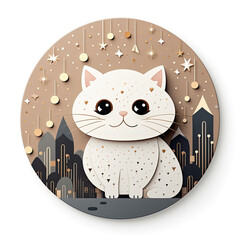 Cute cat with snowflakes and golden stars on white background. Vector illustration.