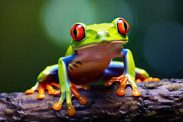 Fototapeta premium Colorful of red eye tree frog on the branches leaves of tree, close up scene, animal wildlife concept, habitat of frog background.
