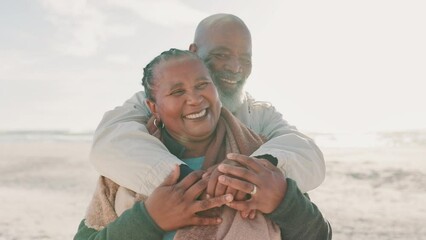 Senior, couple and hug on beach with love for vacation, holiday or adventure with romance and freedom. Black people, man or woman by sea or ocean and happy for experience, embrace or travel for fun