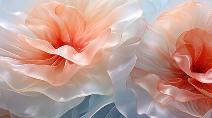 Fototapeta premium Background with Abstract Oversized Flowers in a Gentle Salmon Shade Transitioning to a Subtle Blue Hue, Creating a Serene and Artistic Composition with a Tranquil Palette of Delicate Blooms