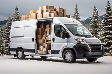 White commercial delivery van with boxes in winter forest.