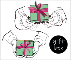 Set of illustrations Concepts of giving gifts and receiving surprise, giving away, selling or winning. Celebrating Happy Tuesday. Female hands hold gift box with satin ribbon and bow.